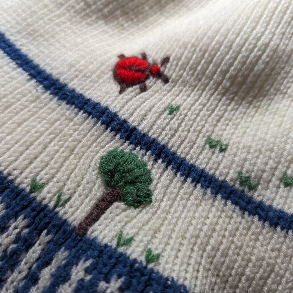 Vintage Handknit White Mockneck Newborn Sweater Dress Trees & Ladybugs - Picture 7 of 7